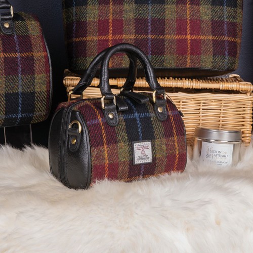 Black & Red Tweed with Black Leather & Brass - Large Grab Bag with Adjustable Strap