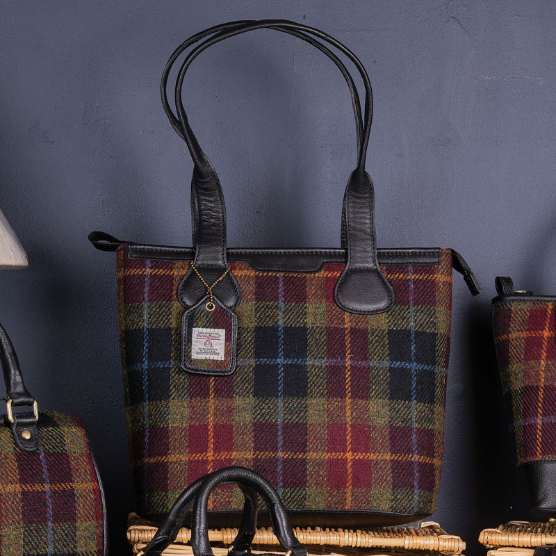 Black & Red Tweed with Black Leather & Brass - Large Shopper with long leather handles (no Strap)