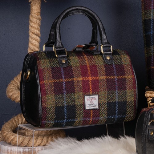 Black & Red Tweed with Black Leather & Brass - Medium Barrel Bag with Adjustable Strap 