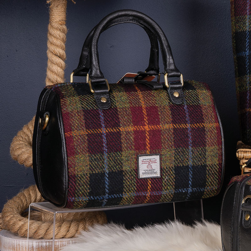 Black & Red Tweed with Black Leather & Brass - Medium Barrel Bag with Adjustable Strap