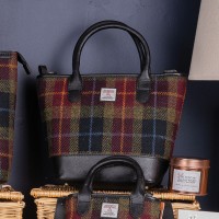 Black & Red Tweed with Black Leather & Brass - Small Barrel Bag with Adjustable Strap Black & Red Tweed with Black Leather & Brass - Small Barrel Bag with Adjustable Strap