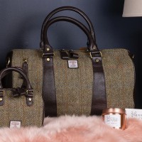 Brown & Green Tweed with Dark Brown Leather & Brass - Holdall with wide Adjustable Dark Brown  Strap, internal and external zipped pockets