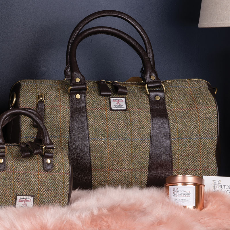 Brown & Green Tweed with Dark Brown Leather & Brass - Holdall with wide Adjustable Dark Brown  Strap, internal and external zipped pockets
