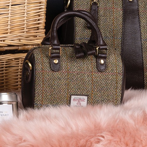 Brown & Green Tweed with Dark Brown Leather & Brass - Holdall with wide Adjustable Dark Brown  Strap, internal and external zipped pockets
