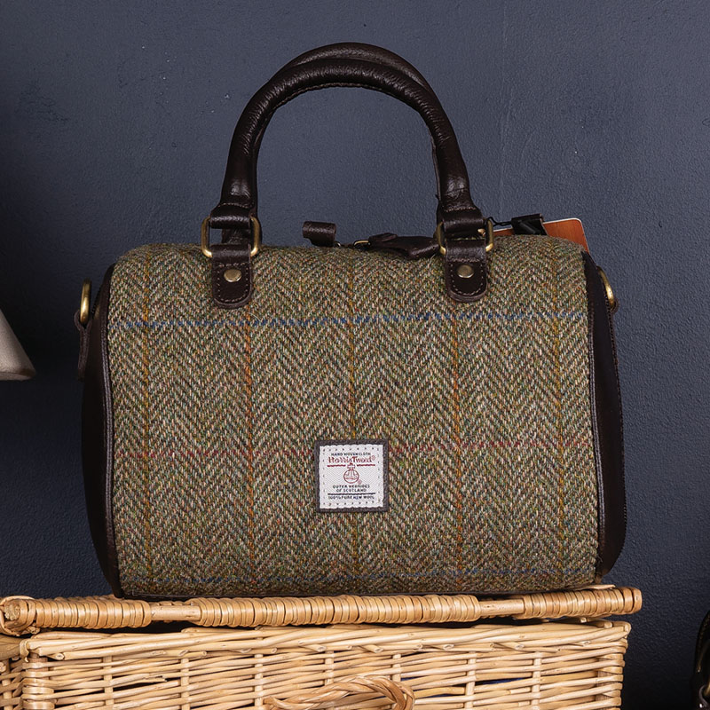 Brown & Green Tweed with Dark Brown Leather & Brass - Medium Barrel Bag with Adjustable Strap
