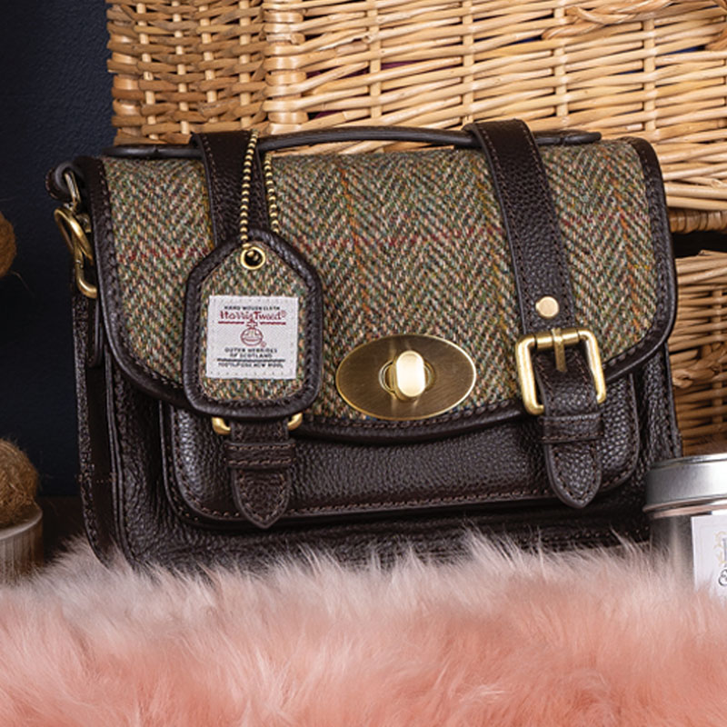 Brown & Green Tweed with Dark Brown Leather & Brass - Medium Satchel with Adjustable Strap