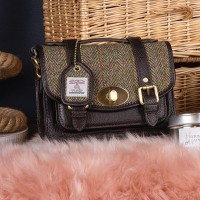 Brown & Green Tweed with Dark Brown Leather & Brass - Small Barrel Bag with Adjustable Strap