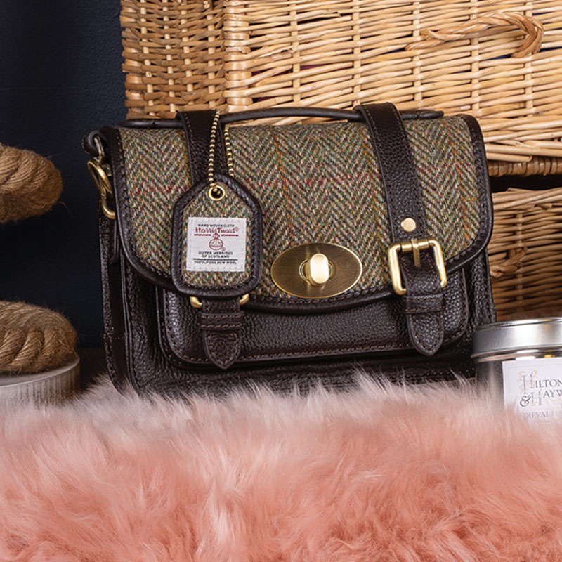 Brown & Green Tweed with Dark Brown Leather & Brass - Small Barrel Bag with Adjustable Strap