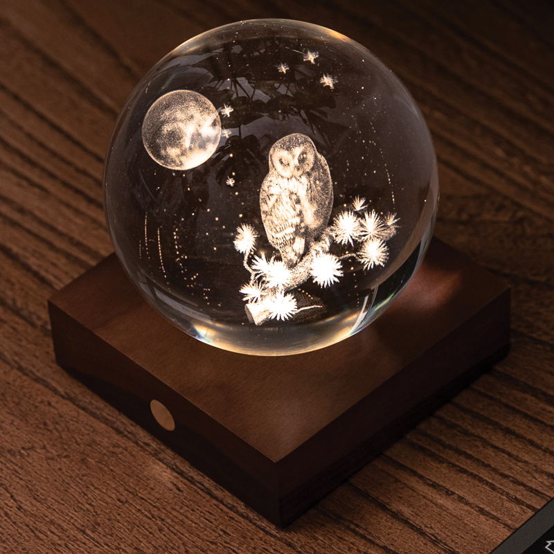 Amber Crystal Night/Desk Lights - Owl and Moon